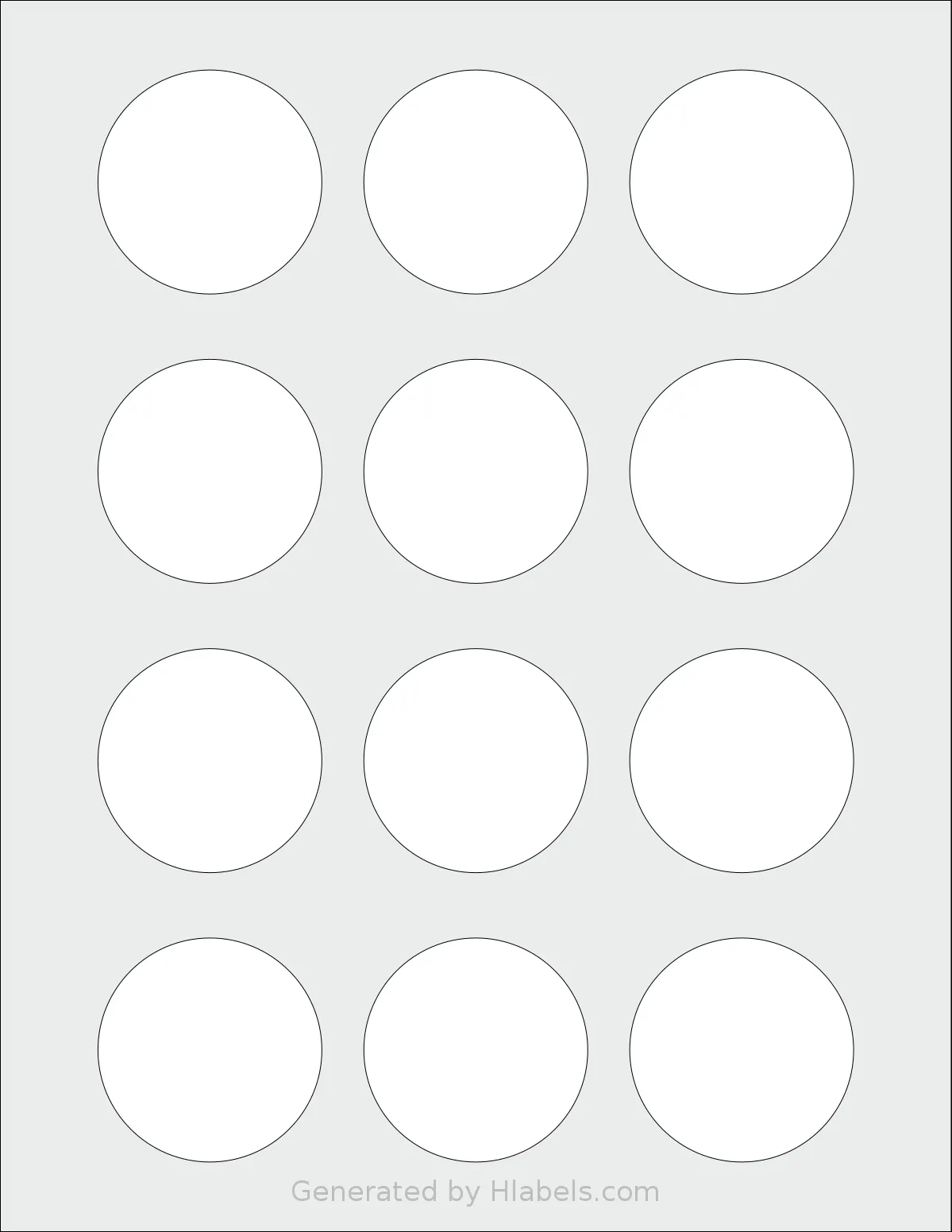Dashleigh® 8436 template with 12 circle labels per sheet, each 2 inch in diameter, on Letter-size adhesive blank label sheets.