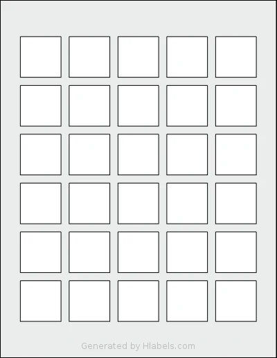 Dashleigh® 8443 template with 30 square 1.25 x 1.25 inch labels per sheet, on Letter-size adhesive blank label sheets.