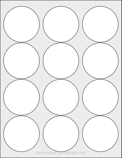 Gemsroyal® G1225 template with 12 circle labels per sheet, each 2.5 inch in diameter, on Letter-size adhesive blank label sheets.