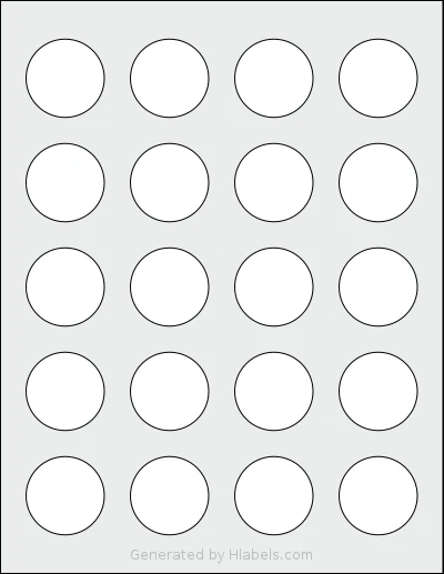 Gemsroyal® G2015 template with 20 circle labels per sheet, each 1.5 inch in diameter, on Letter-size adhesive blank label sheets.