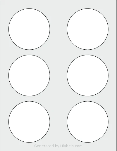 Gemsroyal® G63R template with 6 circle labels per sheet, each 3 inch in diameter, on Letter-size adhesive blank label sheets.