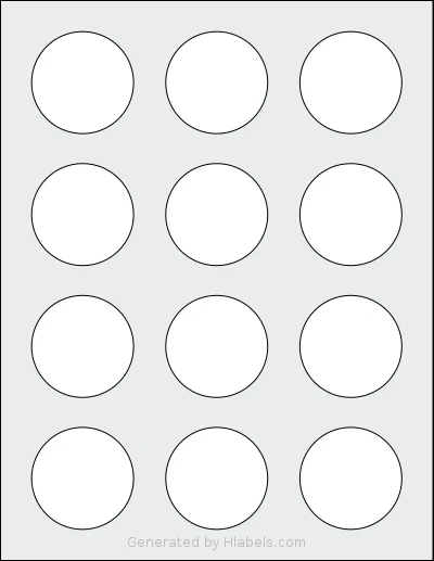 Lliked® 12C template with 12 circle labels per sheet, each 2 inch in diameter, on Letter-size adhesive blank label sheets.