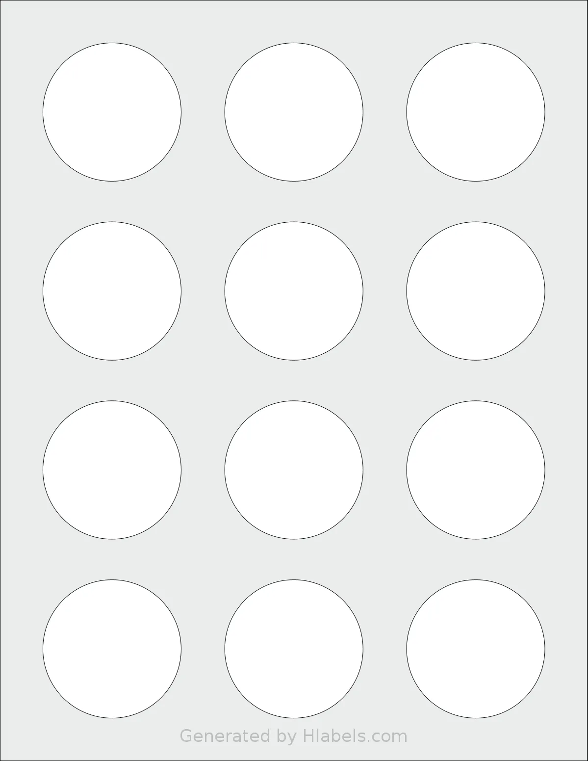 Lliked® 12C template with 12 circle labels per sheet, each 2 inch in diameter, on Letter-size adhesive blank label sheets.