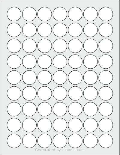Lliked® 63C template with 63 circle labels per sheet, each 1 inch in diameter, on Letter-size adhesive blank label sheets.