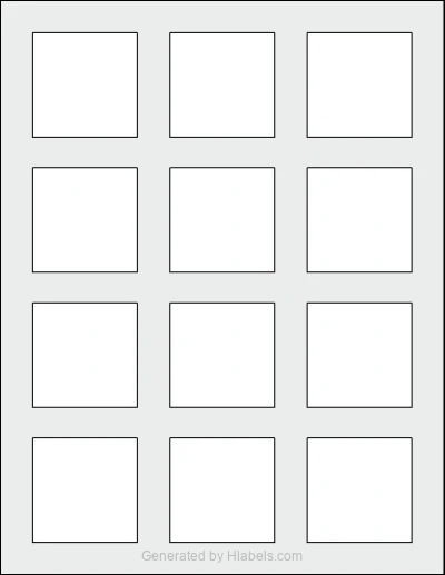 MaxGear® Template-22806 template with 12 square 2 x 2 inch labels per sheet, on Letter-size adhesive blank label sheets.