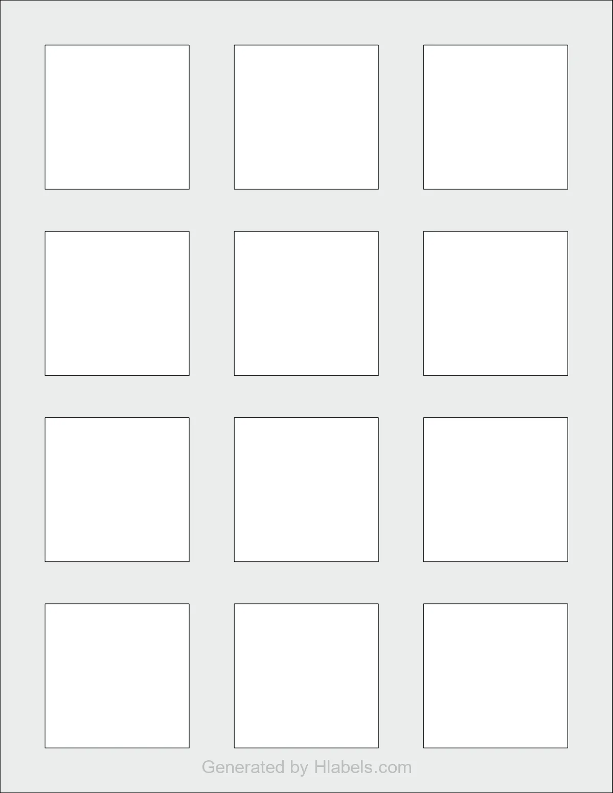 MaxGear® Template-22806 template with 12 square 2 x 2 inch labels per sheet, on Letter-size adhesive blank label sheets.