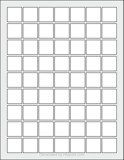 MaxGear® Template-6450 template with 63 square 1 x 1 inch labels per sheet, on Letter-size adhesive blank label sheets.