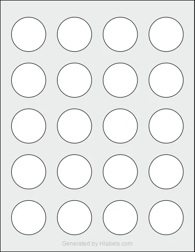 MaxGear® Template-8293 template with 20 circle labels per sheet, each 1.5 inch in diameter, on Letter-size adhesive blank label sheets.