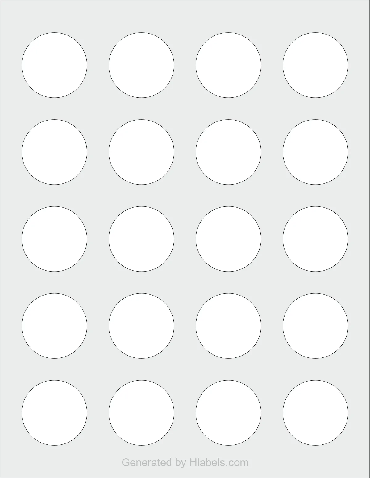MaxGear® Template-8293 template with 20 circle labels per sheet, each 1.5 inch in diameter, on Letter-size adhesive blank label sheets.