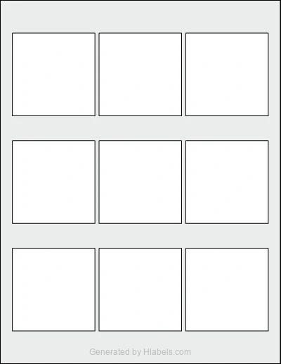 MaxGear® Template-94104 template with 9 square 2.5 x 2.5 inch labels per sheet, on Letter-size adhesive blank label sheets.