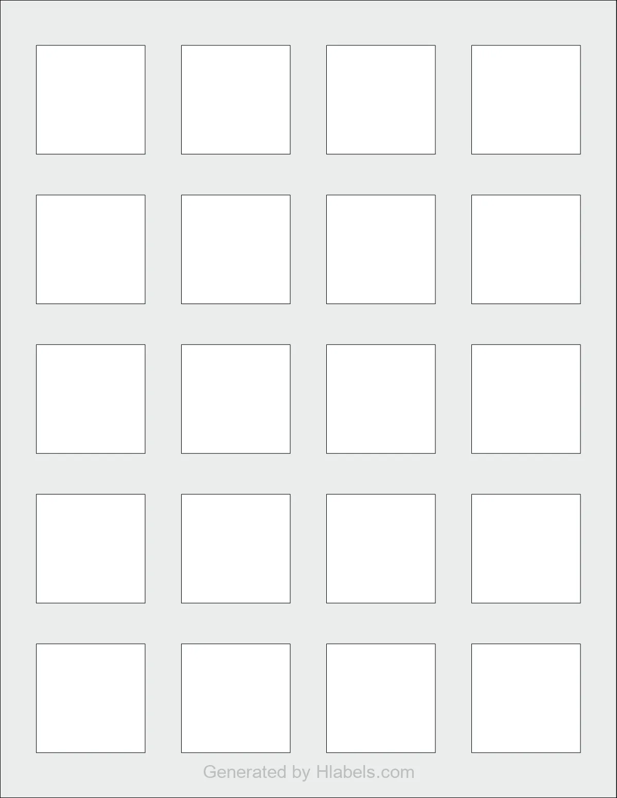 MaxGear® Template-94106 template with 20 square 1.5 x 1.5 inch labels per sheet, on Letter-size adhesive blank label sheets.