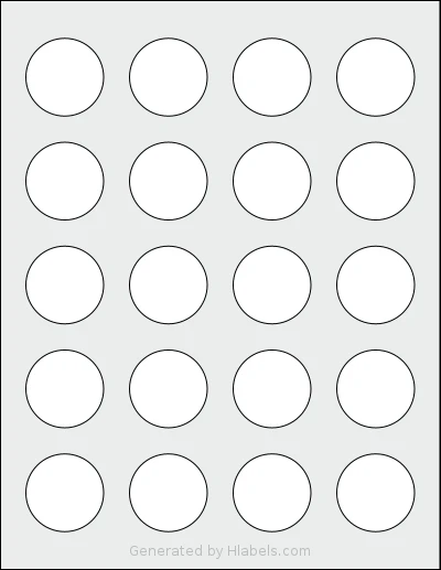 Methdic® 8293 template with 20 circle labels per sheet, each 1.5 inch in diameter, on Letter-size adhesive blank label sheets.