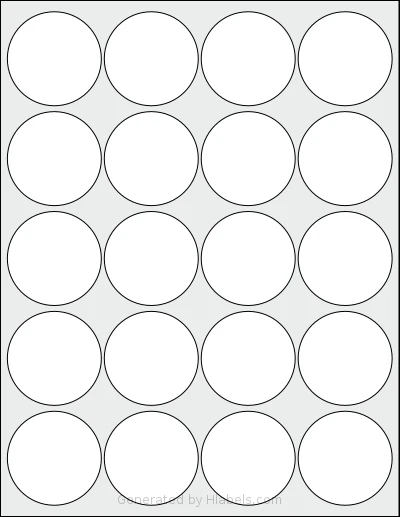 MrLabel® MR630 template with 20 circle labels per sheet, each 2 inch in diameter, on Letter-size adhesive blank label sheets.