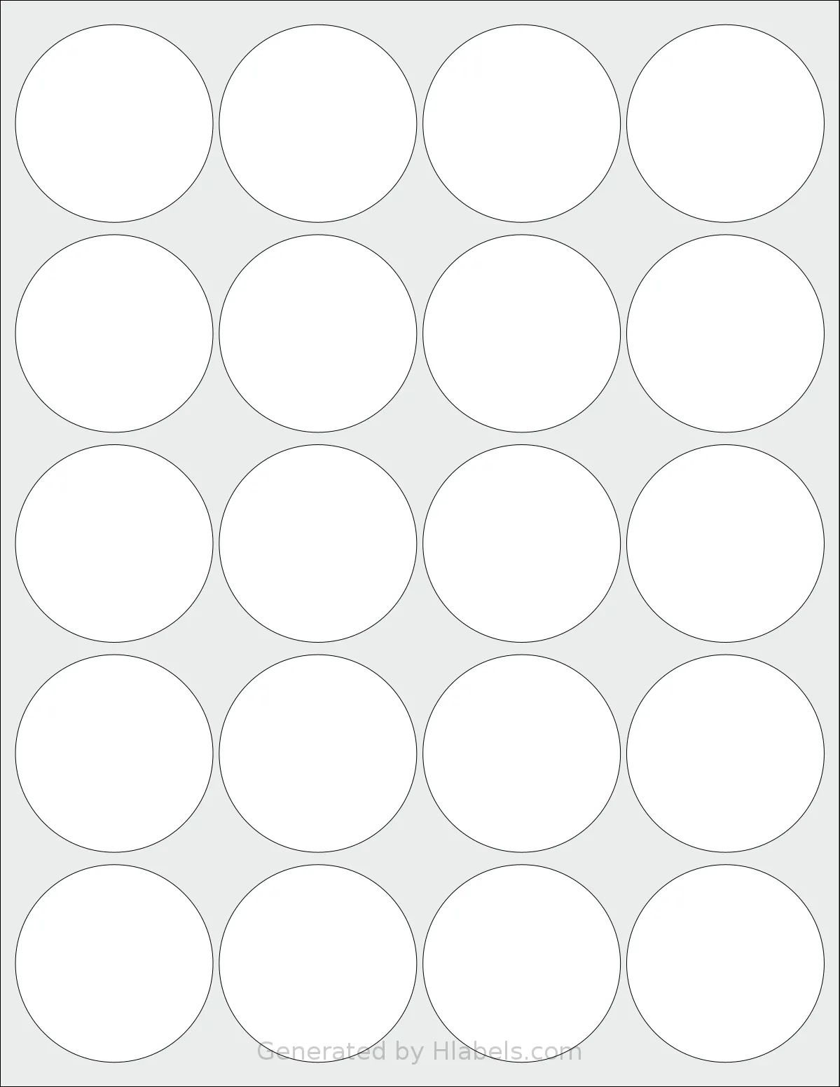 MrLabel® MR630 template with 20 circle labels per sheet, each 2 inch in diameter, on Letter-size adhesive blank label sheets.
