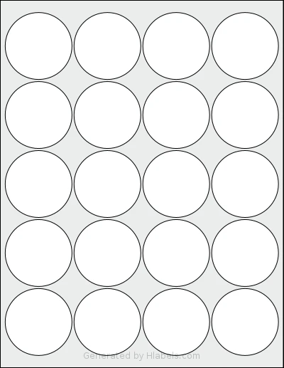 MrLabel® MR632 template with 20 circle labels per sheet, each 2 inch in diameter, on Letter-size adhesive blank label sheets.