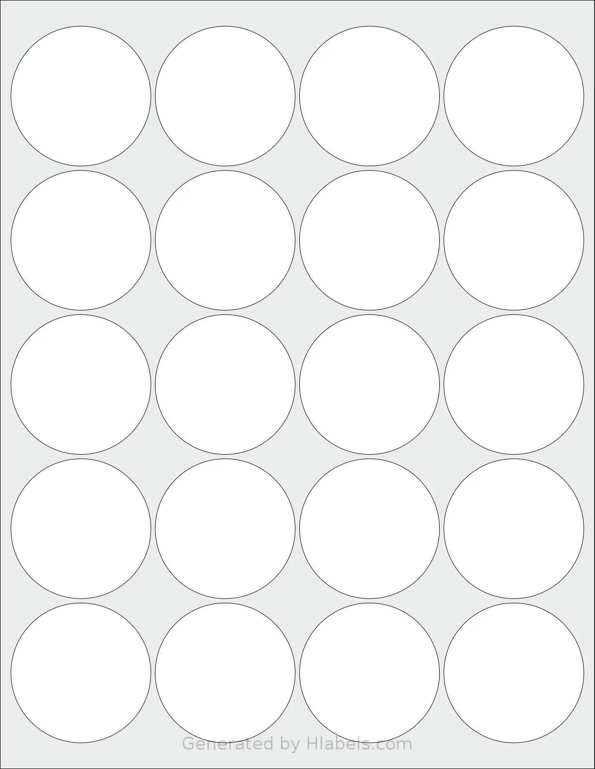 MrLabel® MR632 template with 20 circle labels per sheet, each 2 inch in diameter, on Letter-size adhesive blank label sheets.