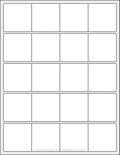 MrLabel® MR640 template with 20 square 2 x 2 inch labels per sheet, on Letter-size adhesive blank label sheets.