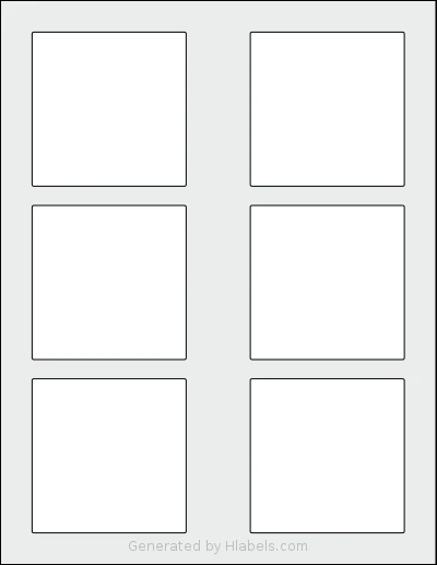 MrLabel® MR730 template with 6 square 3 x 3 inch labels per sheet, on Letter-size adhesive blank label sheets.
