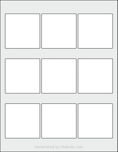 MrLabel® MR740 template with 9 square 2.5 x 2.5 inch labels per sheet, on Letter-size adhesive blank label sheets.