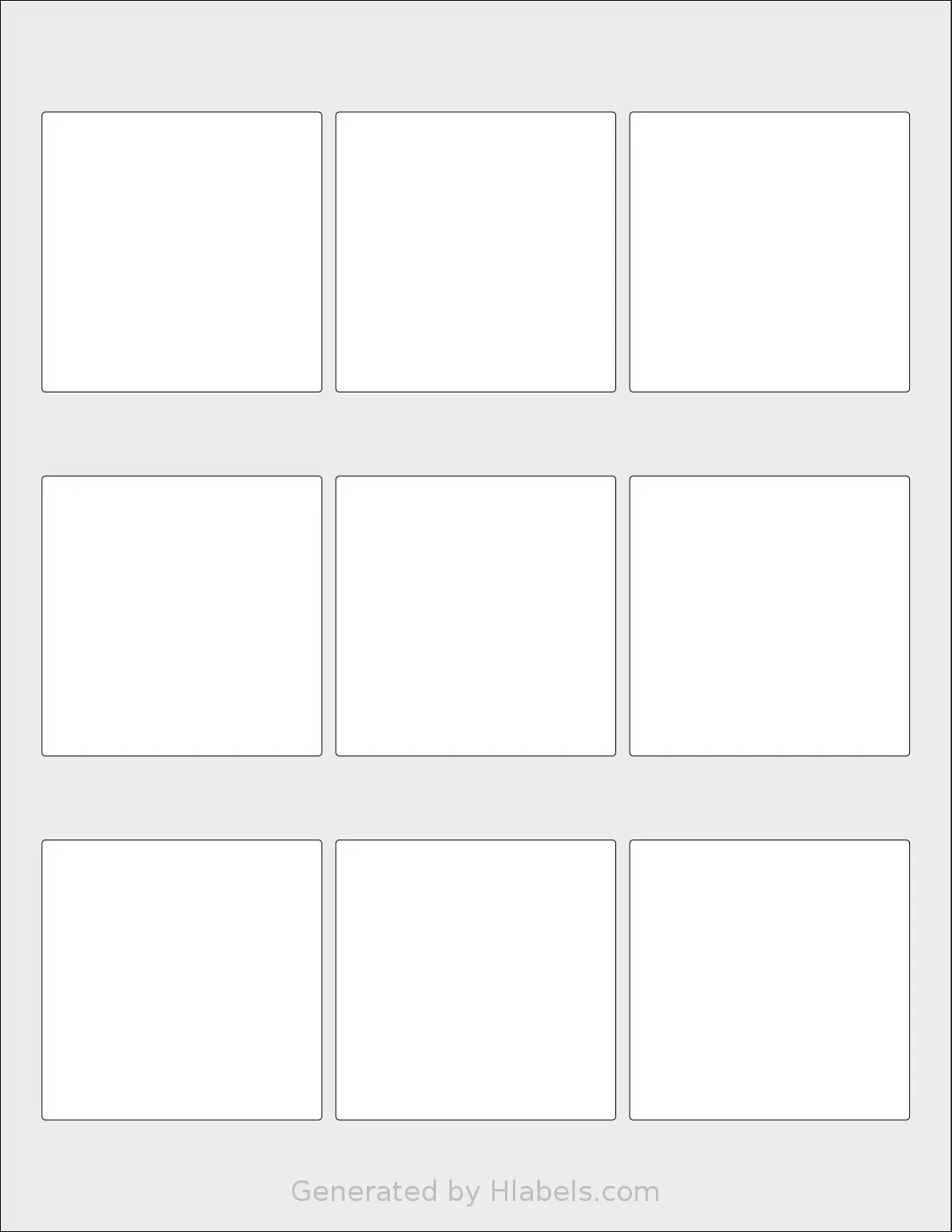 MrLabel® MR740 template with 9 square 2.5 x 2.5 inch labels per sheet, on Letter-size adhesive blank label sheets.