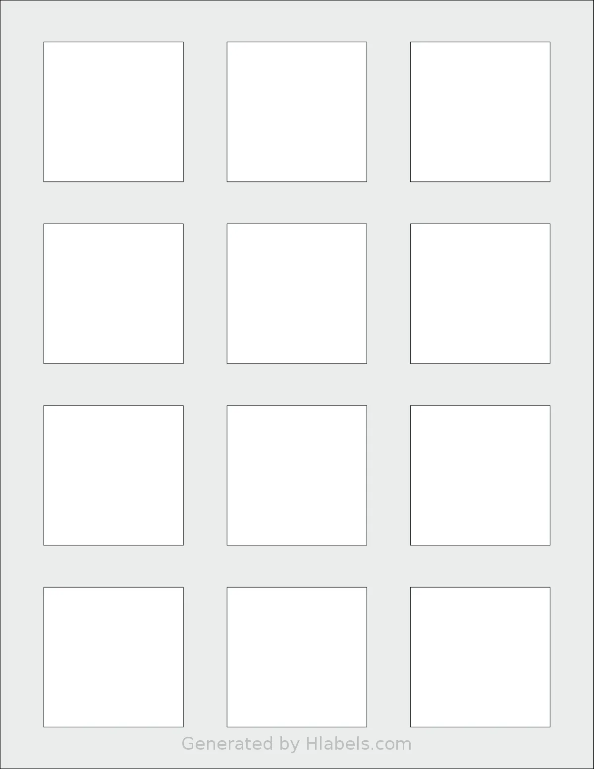 MrLabel® MR840 template with 12 square 2 x 2 inch labels per sheet, on Letter-size adhesive blank label sheets.