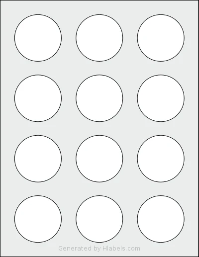 NextDayLabels® NDL-12C template with 12 circle labels per sheet, each 2 inch in diameter, on Letter-size adhesive blank label sheets.