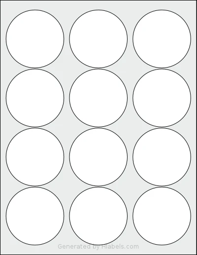 NextDayLabels® NDL-12CF template with 12 circle labels per sheet, each 2.5 inch in diameter, on Letter-size adhesive blank label sheets.