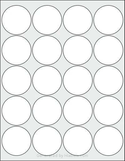 NextDayLabels® NDL-20C template with 20 circle labels per sheet, each 2 inch in diameter, on Letter-size adhesive blank label sheets.