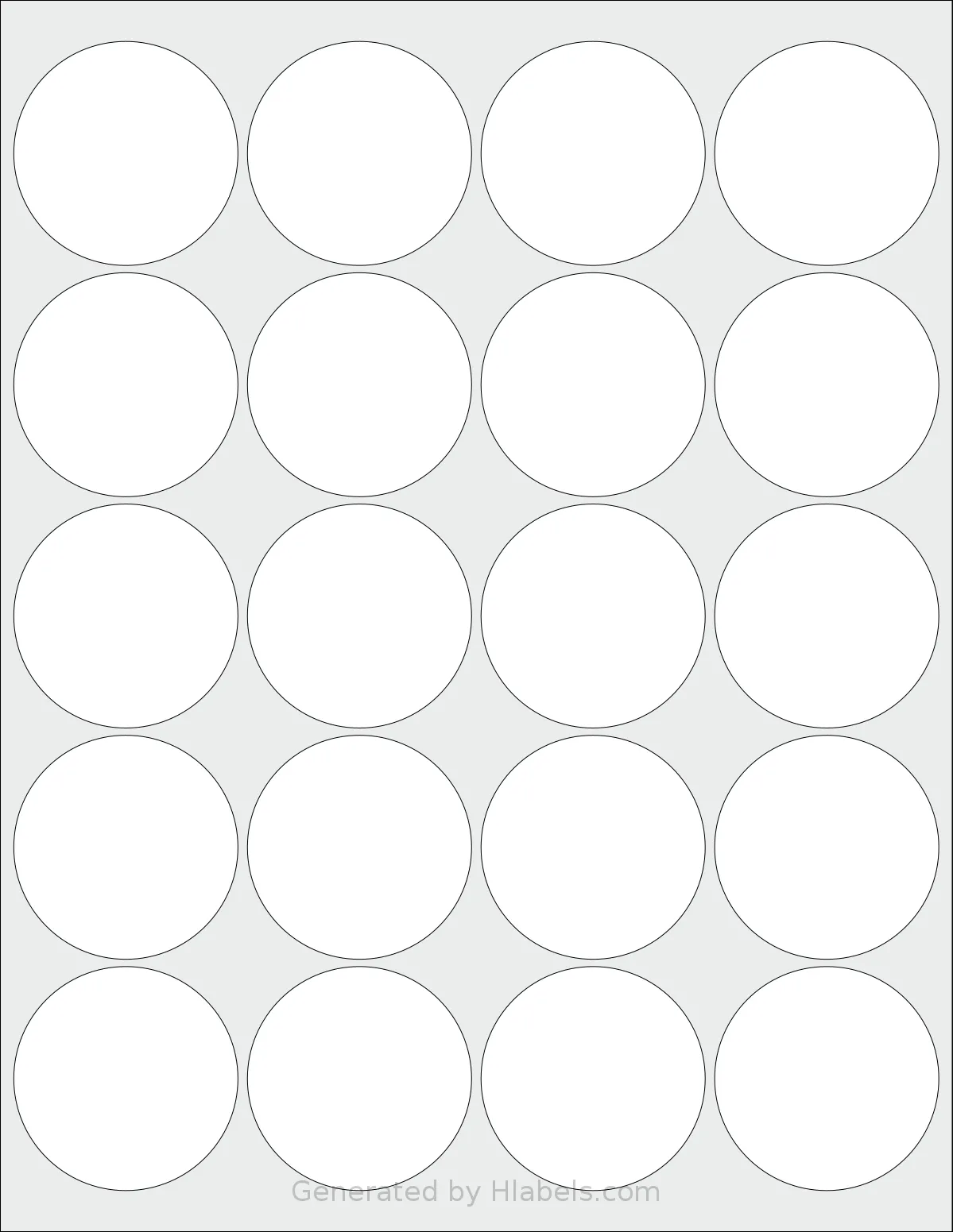 NextDayLabels® NDL-20C template with 20 circle labels per sheet, each 2 inch in diameter, on Letter-size adhesive blank label sheets.
