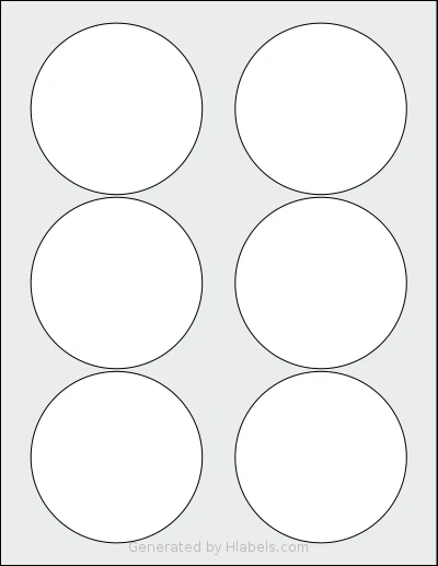 NextDayLabels® NDL-6C template with 6 circle labels per sheet, each 3.33 inch in diameter, on Letter-size adhesive blank label sheets.