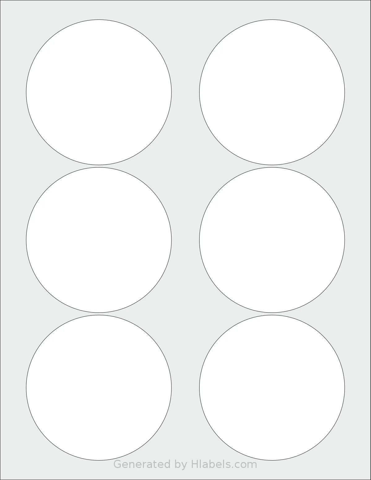 NextDayLabels® NDL-6C template with 6 circle labels per sheet, each 3.33 inch in diameter, on Letter-size adhesive blank label sheets.