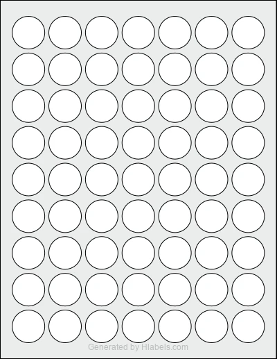 OnlineLabels® OL1025 template with 63 circle labels per sheet, each 1 inch in diameter, on Letter-size adhesive blank label sheets.