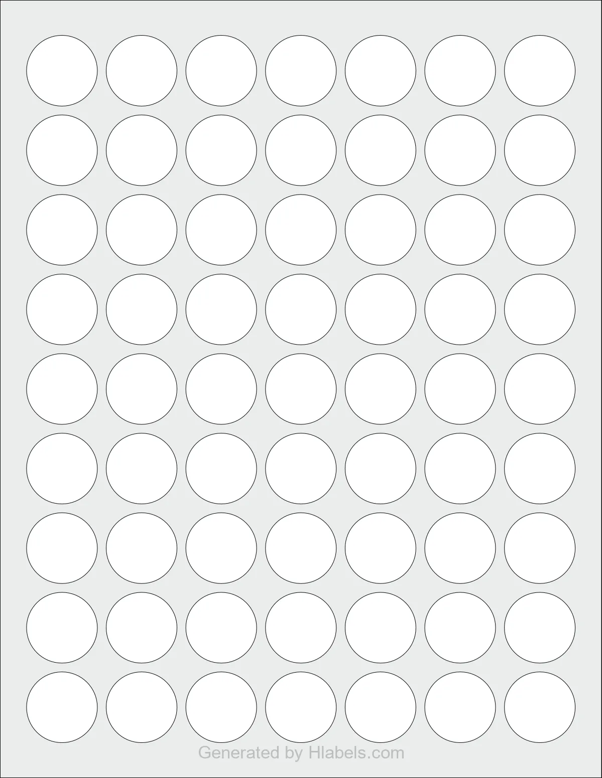 OnlineLabels® OL1025 template with 63 circle labels per sheet, each 1 inch in diameter, on Letter-size adhesive blank label sheets.