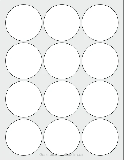 OnlineLabels® OL1027 template with 12 circle labels per sheet, each 2.5 inch in diameter, on Letter-size adhesive blank label sheets.