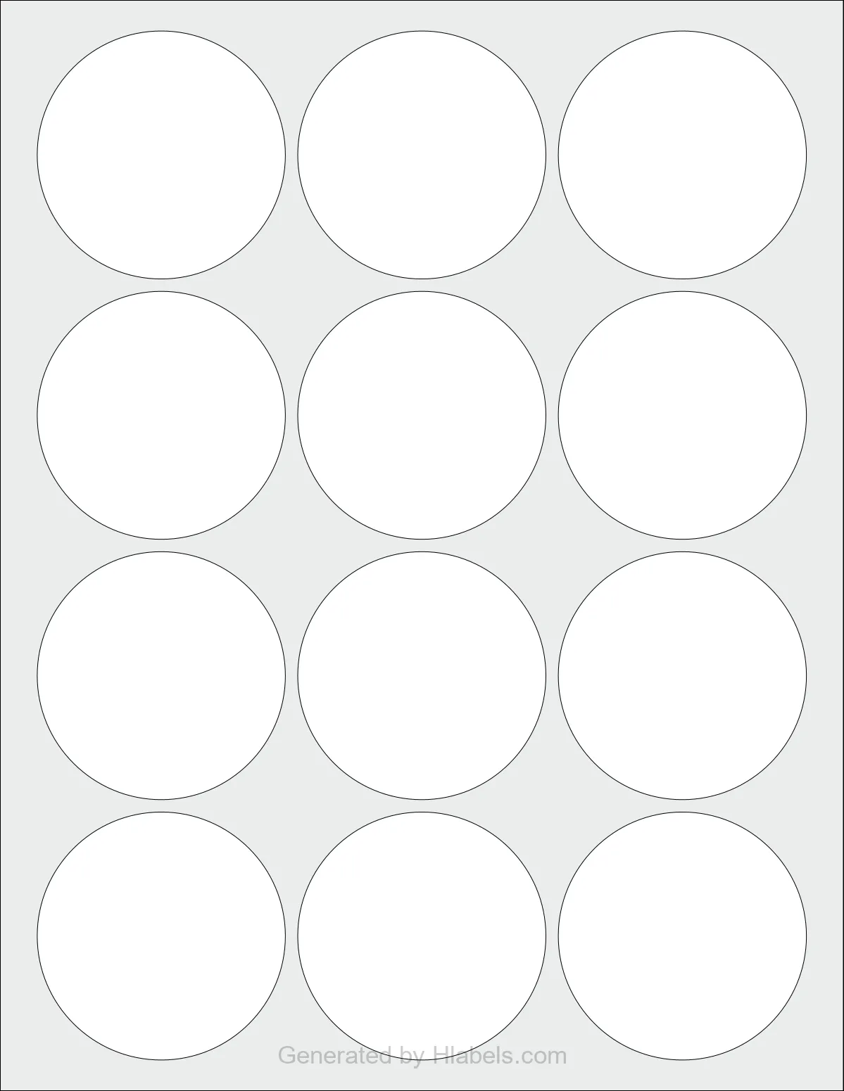 OnlineLabels® OL1027 template with 12 circle labels per sheet, each 2.5 inch in diameter, on Letter-size adhesive blank label sheets.