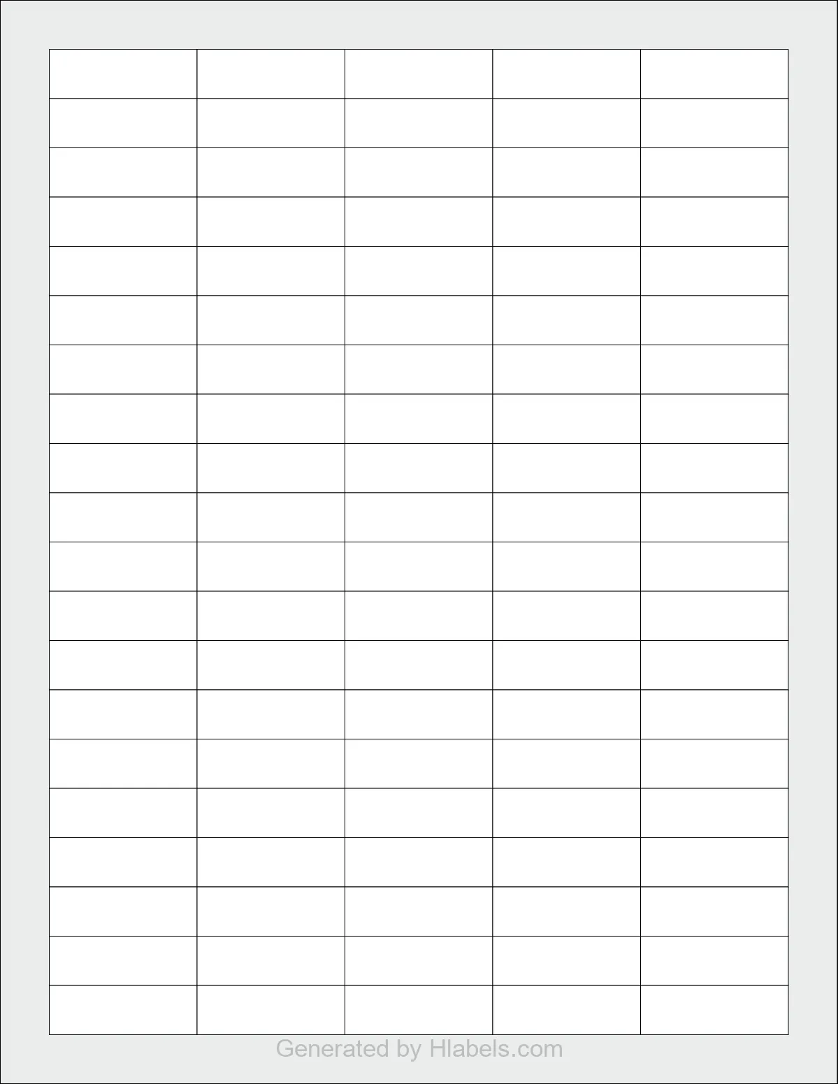 OnlineLabels® OL1100 template with 100 rectangular 1.5 x 0.5 inch labels per sheet, on Letter-size adhesive blank label sheets.