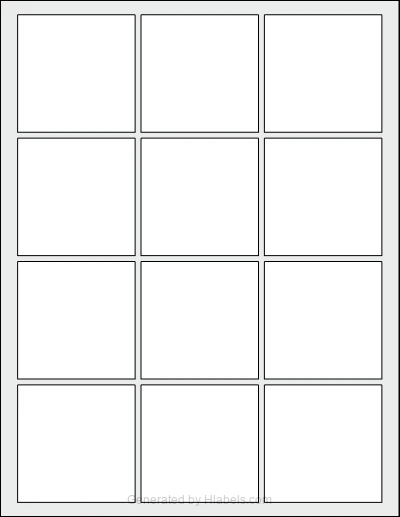 OnlineLabels® OL1185 template with 12 square 2.5 x 2.5 inch labels per sheet, on Letter-size adhesive blank label sheets.