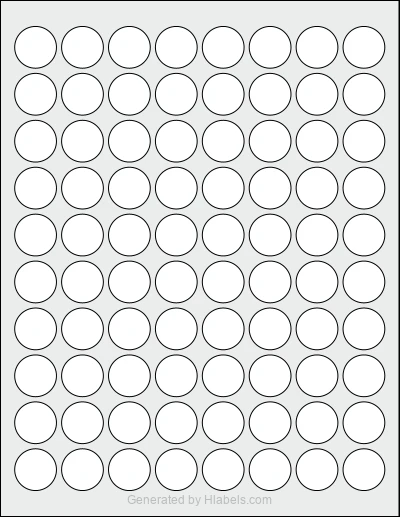 OnlineLabels® OL1245 template with 80 circle labels per sheet, each 0.8888 inch in diameter, on Letter-size adhesive blank label sheets.