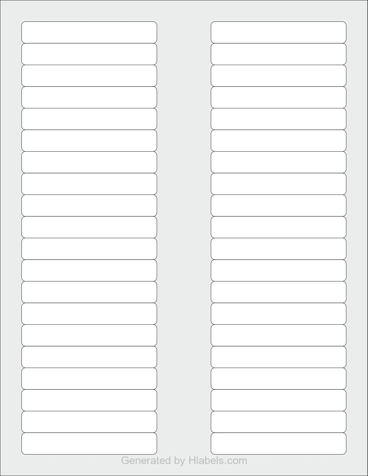 OnlineLabels® OL1543 template with 40 rectangular 3.125 x 0.5 inch labels per sheet, on Letter-size adhesive blank label sheets.