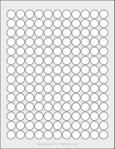 OnlineLabels® OL1575 template with 154 circle labels per sheet, each 0.625 inch in diameter, on Letter-size adhesive blank label sheets.