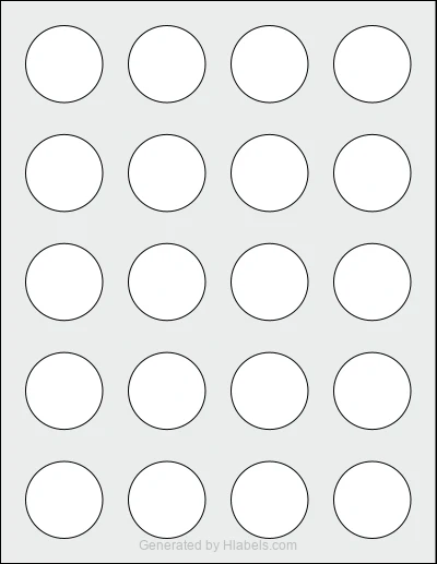 OnlineLabels® OL158 template with 20 circle labels per sheet, each 1.5 inch in diameter, on Letter-size adhesive blank label sheets.
