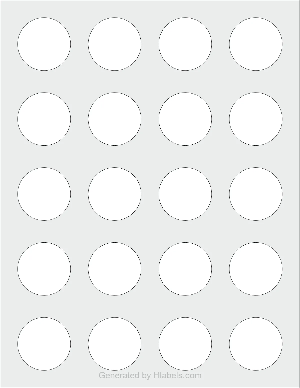 OnlineLabels® OL158 template with 20 circle labels per sheet, each 1.5 inch in diameter, on Letter-size adhesive blank label sheets.
