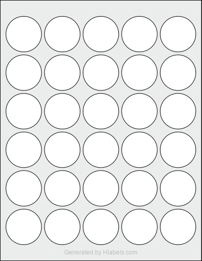 OnlineLabels® OL2088 template with 30 circle labels per sheet, each 1.5 inch in diameter, on Letter-size adhesive blank label sheets.