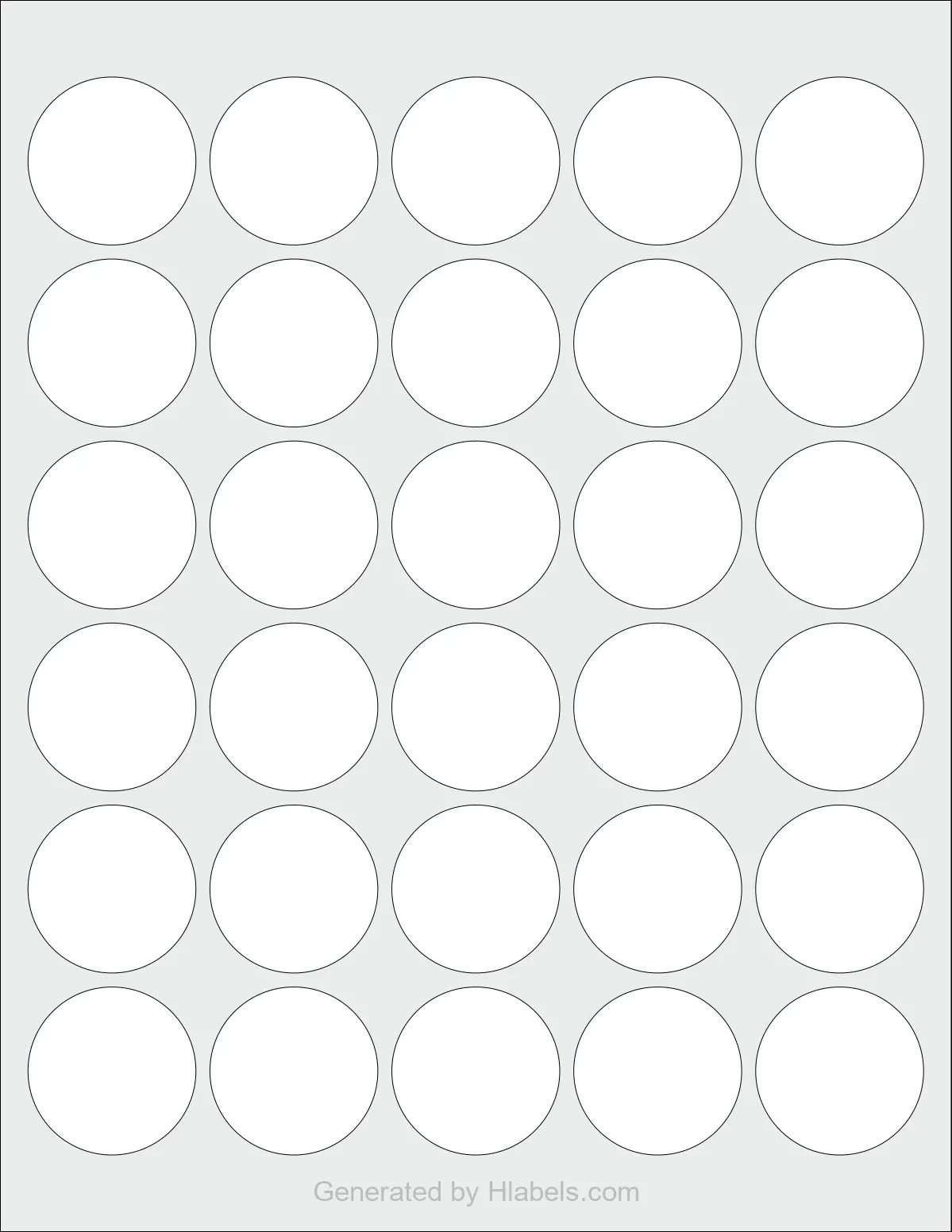 OnlineLabels® OL2088 template with 30 circle labels per sheet, each 1.5 inch in diameter, on Letter-size adhesive blank label sheets.
