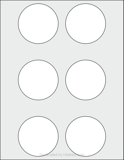 OnlineLabels® OL224 template with 6 circle labels per sheet, each 2.75 inch in diameter, on Letter-size adhesive blank label sheets.