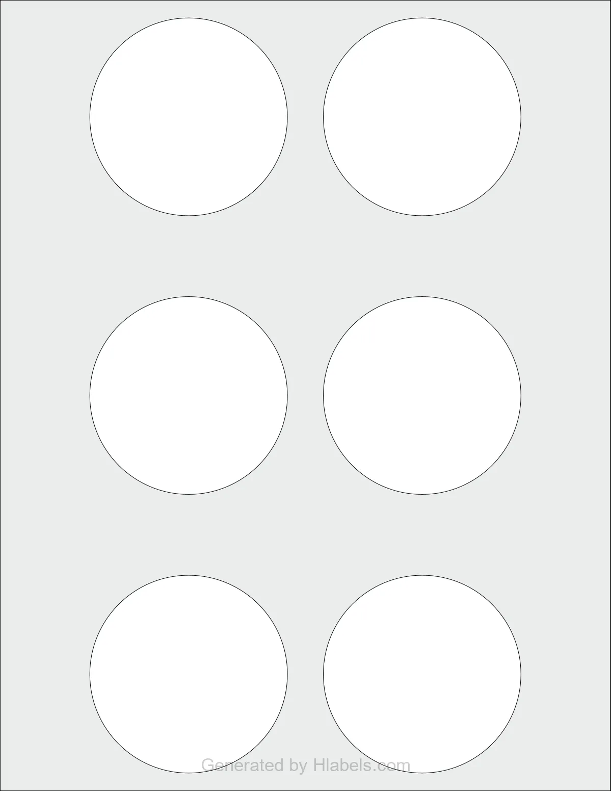 OnlineLabels® OL224 template with 6 circle labels per sheet, each 2.75 inch in diameter, on Letter-size adhesive blank label sheets.
