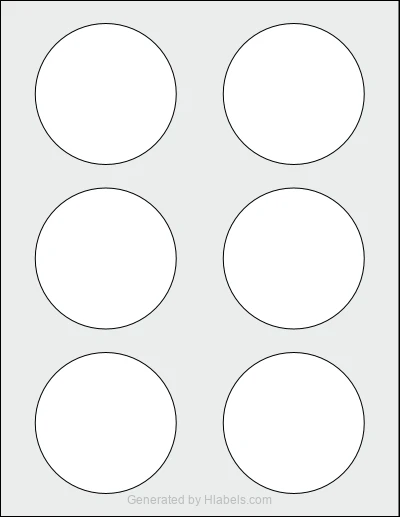 OnlineLabels® OL2279 template with 6 circle labels per sheet, each 3 inch in diameter, on Letter-size adhesive blank label sheets.