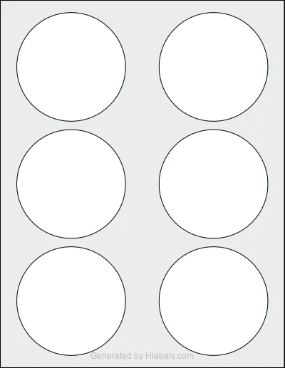 OnlineLabels® OL2486 template with 6 circle labels per sheet, each 3.25 inch in diameter, on Letter-size adhesive blank label sheets.