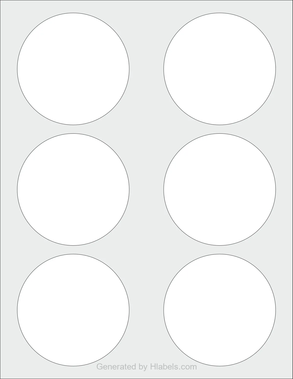 OnlineLabels® OL2486 template with 6 circle labels per sheet, each 3.25 inch in diameter, on Letter-size adhesive blank label sheets.