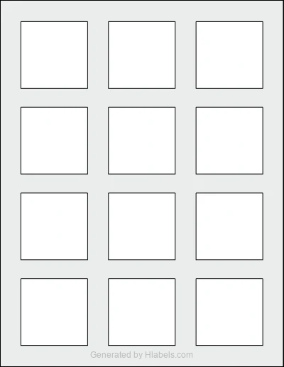 OnlineLabels® OL2679 template with 12 square 2 x 2 inch labels per sheet, on Letter-size adhesive blank label sheets.